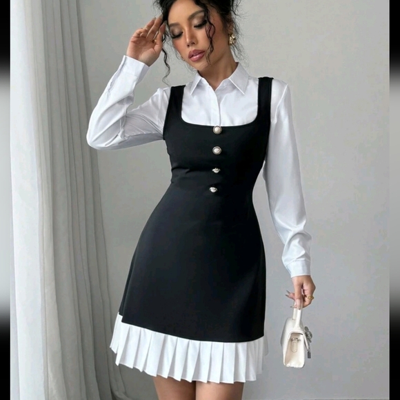 Women's Button Design Pleated Hem Elegant Suspender Dress - Picture 4 of 4